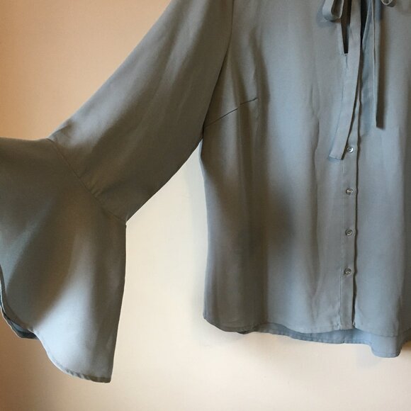 Pale Periwinkle Blue Bow Collar Bell Sleeve Button Down Evelina Blouse - Picture 5 of 16